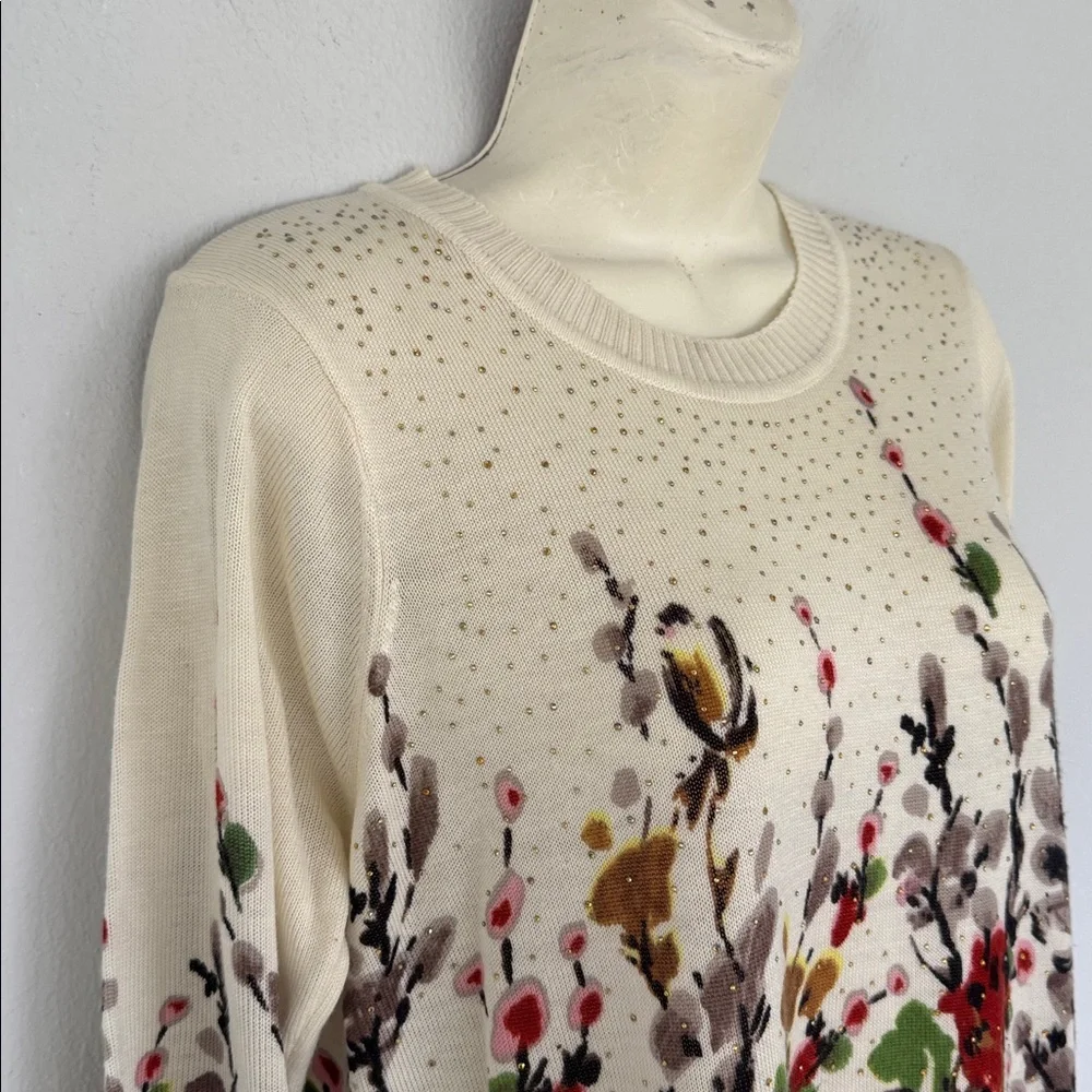 Vintage CD Petites cream red floral print rhinestone stud sweater size medium